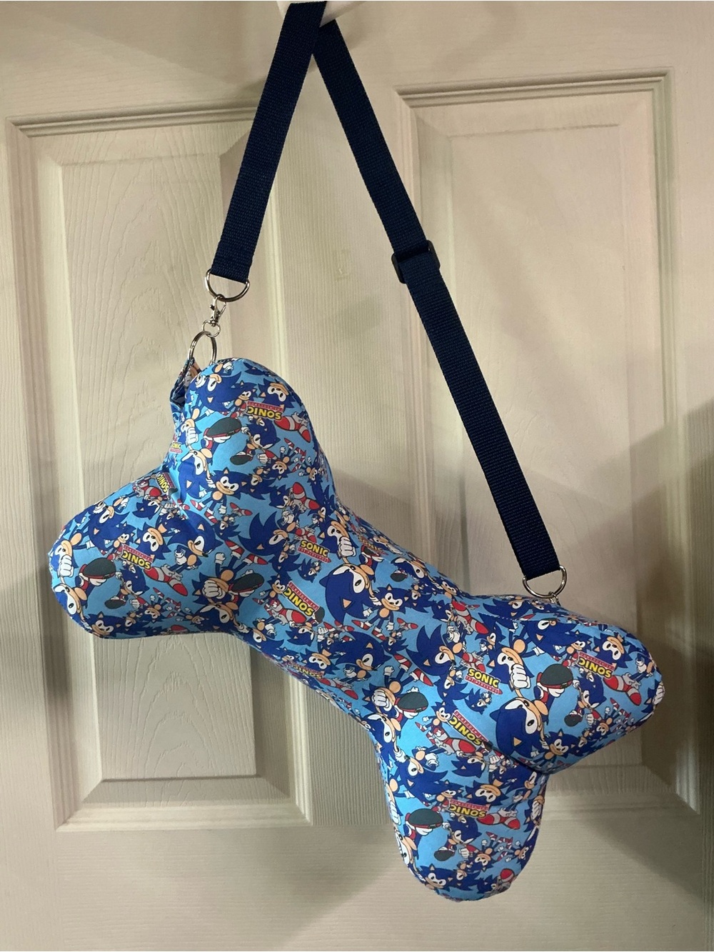 Blue Sonic Print Bone-Shaped Neck Pillow with removable strap